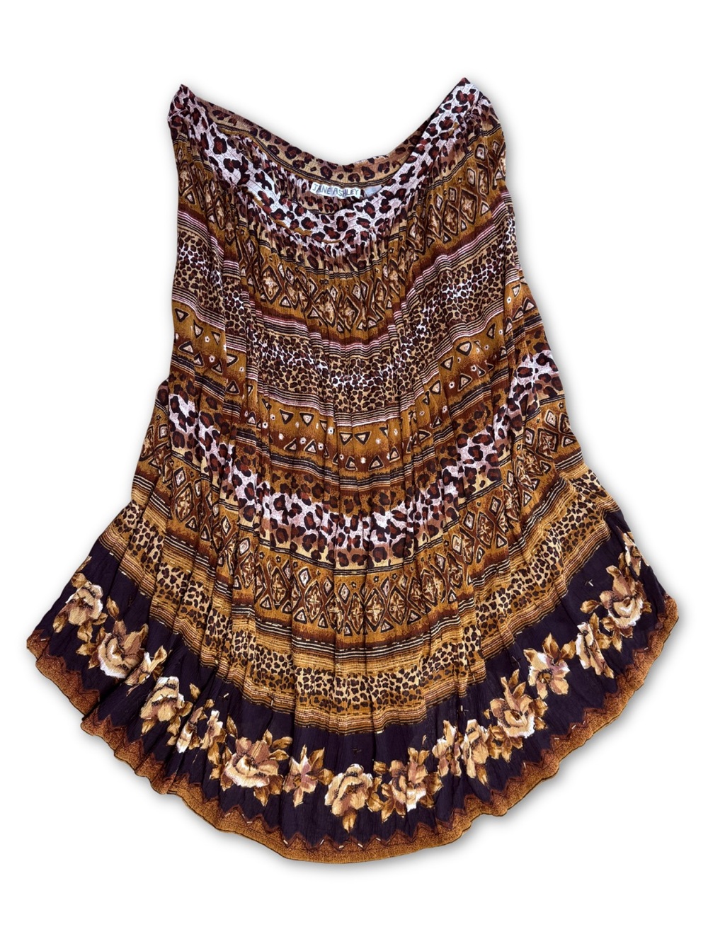 Vintage Boho Tiered Floral & Animal Print Midi Skirt in Brown